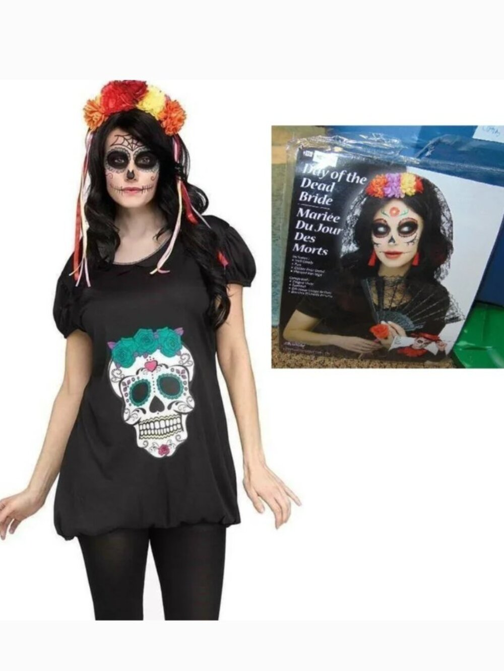 Day Of The Dead Bride & Accessory Kit Halloween Costume 10/14 Black 5 Pc Womens